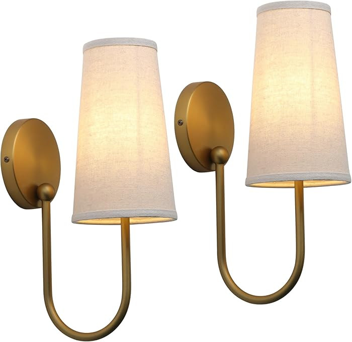 Pathson Set of 2 Linen Fabric Wall Sconces, Hardwired Curved Arm Bathroom Vanity Light with Cone ... | Amazon (CA)