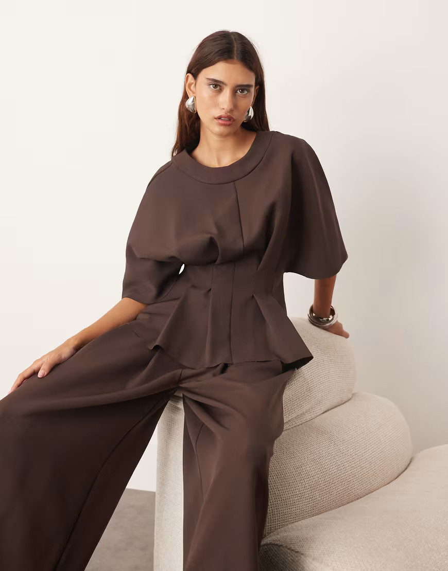 ARRANGE pleat waist short sleeve top in deep chocolate - part of a set-Brown | ASOS (Global)