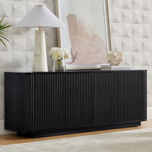 SZTHHDF 64" Buffet Sideboard Cabinet with Storage, Modern Fluted Accent Credenza with Adjustable Shelves, Wood Coffee Bar Console Table for Living Room Kitchen Dining Room Hallway, Black | Amazon (US)