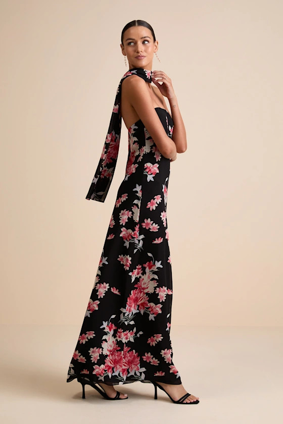 Rawya Black Floral Strapless Maxi Dress and Scarf Set | Lulus