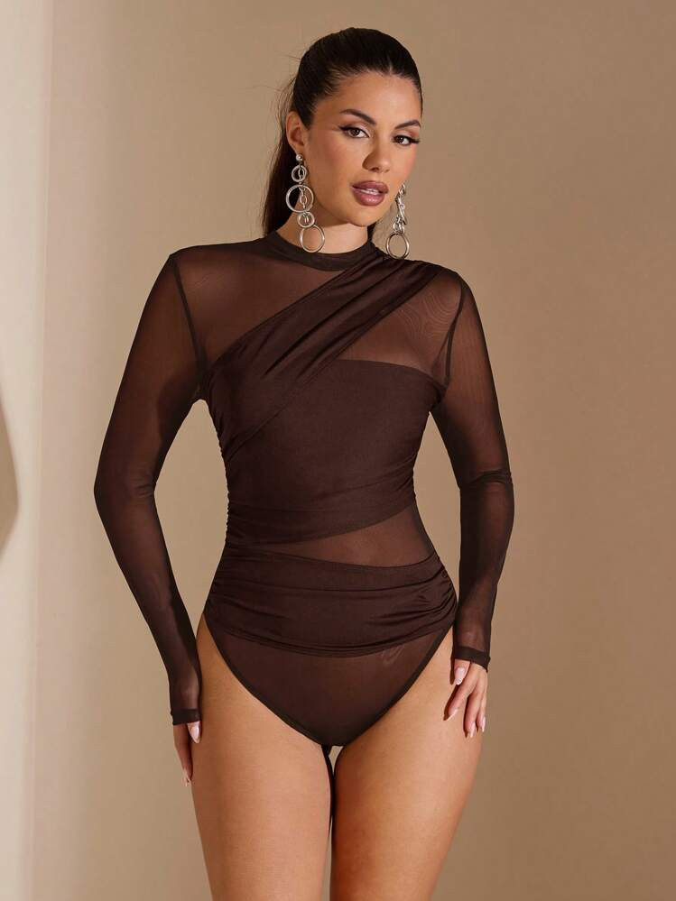SHEIN BAE Brown Bodysuit For Women Sheer Mesh Long Sleeve Ruched Mock Neck Top, Suitable For Cocktail Party, Romantic Date, Winter Base Layer | SHEIN