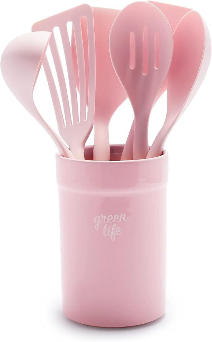 GreenLife Cooking Tools and Utensils, 7 Piece Nylon and Wood Kitchen Set with Ceramic Crock Holde... | Amazon (US)