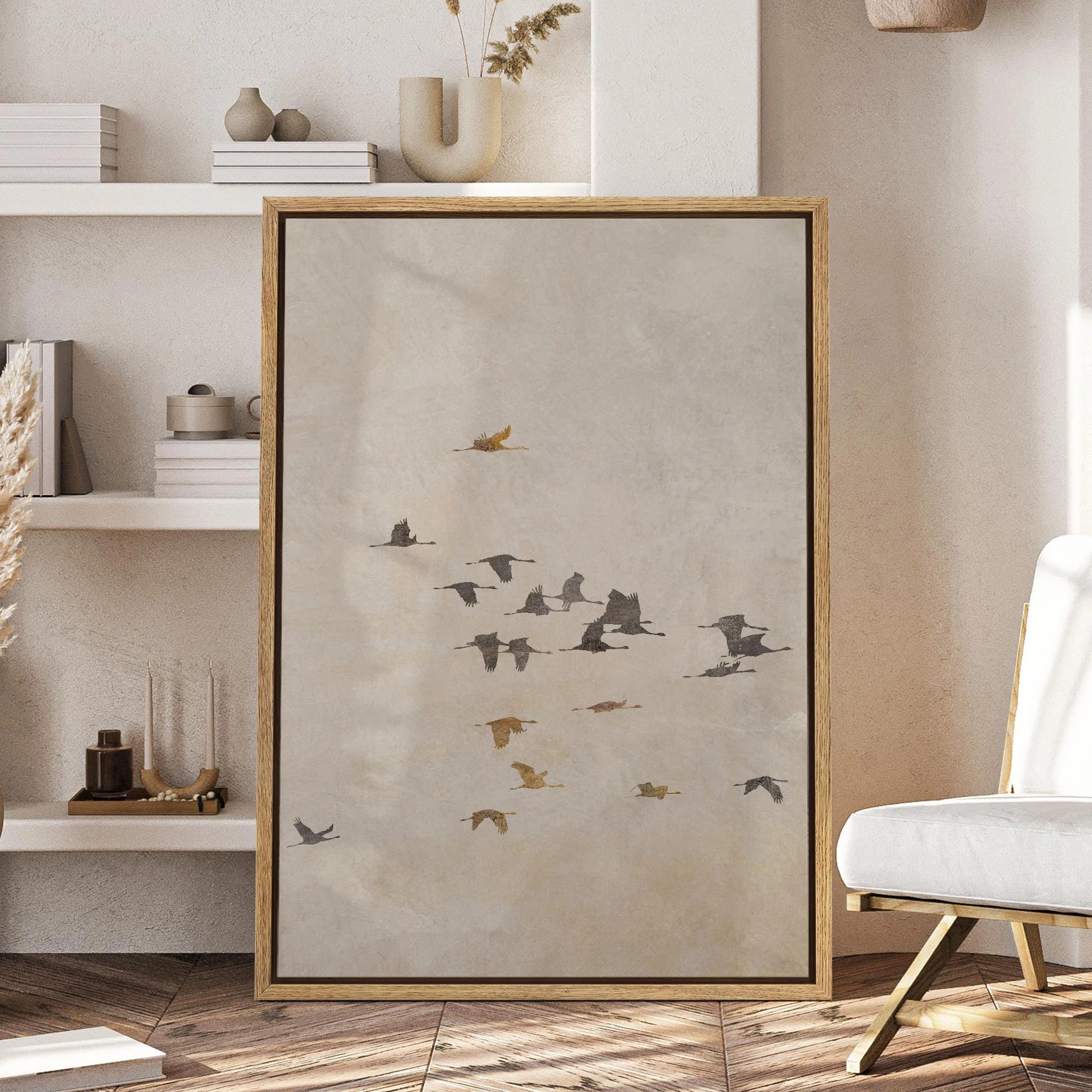 Crane Heron Bird Minimalist Abstract Flying Birds Artwork, Elegant Crane on Neutral Background Tr... | Wayfair North America