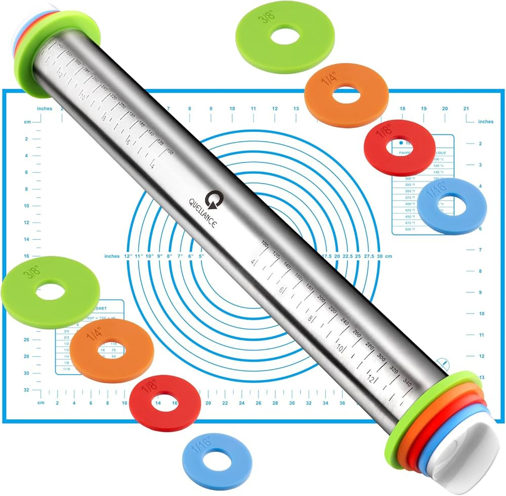 Rolling Pin and Pastry Baking Mat Set, Rolling Pins with Adjustable Thickness Rings, Stainless St... | Amazon (US)