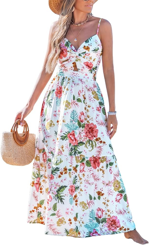 CUPSHE Women's Maxi Dress Floral Print Twisted V Neck Sleeveless Long Dress Summer Casual Dress | Amazon (US)