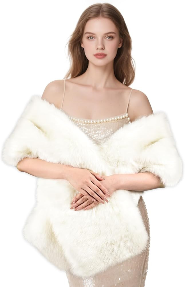 Women's Faux Fur Shawl, Winter Warm Scarf Shawl for Bridal Wedding Party Festive Celebrations Chr... | Amazon (US)