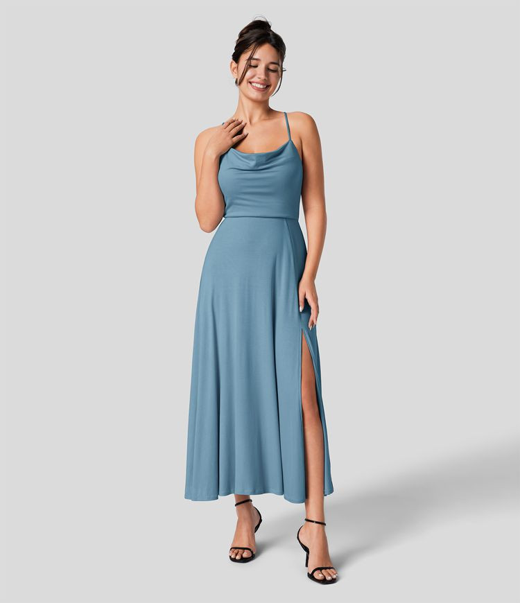 Women’s Ribbed Cowl Neck Backless Crisscross Lace Up Split Midi Party Dress - Halara | HALARA