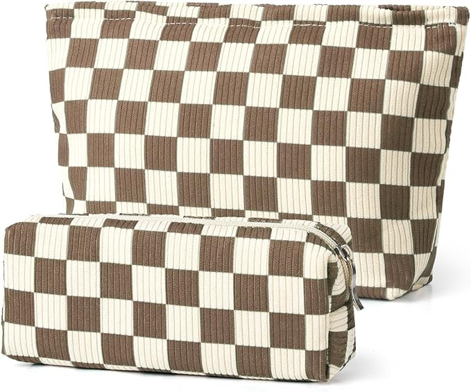 SANYETS Checkered Cosmetic Bags, Small Make Up Pouch for Purse, Beige Makeup Bag Travel Accessori... | Amazon (US)