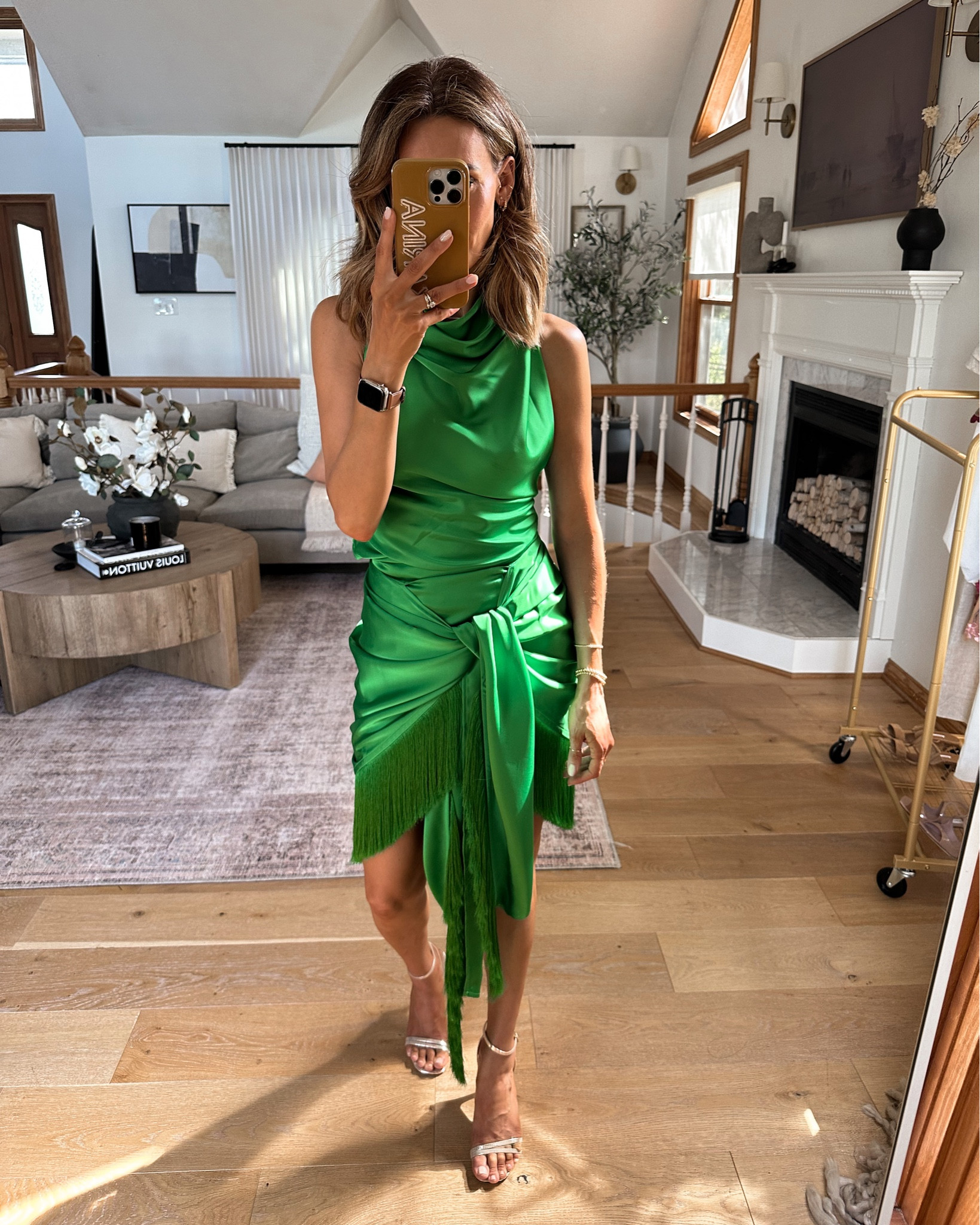 Coolest green satin set of backless top with tie sash and fringe skirt that ties up front and ruching on the back. Wearing w Gold strappy sandals - perfect as a wedding guest outfit for spring and summer / fits tts xs

#LTKshoecrush #LTKstyletip #LTKwedding