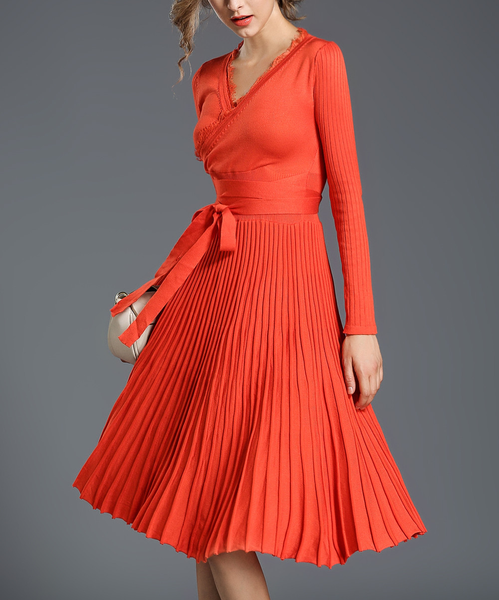 Msquared Women's Special Occasion Dresses ORANGE - Orange Pleat V-Neck Dress - Women | Zulily