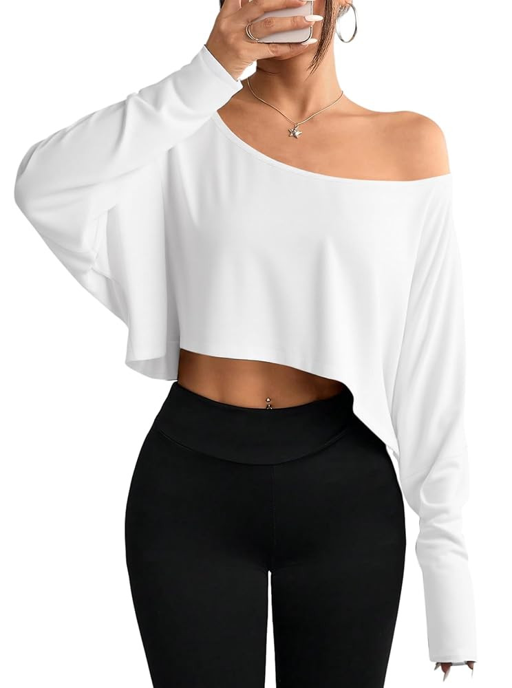 Hilinker Womens Off Shoulder Long Sleeve Crop Tops Sexy Boat Neck Loose Casual T Shirt | Amazon (US)