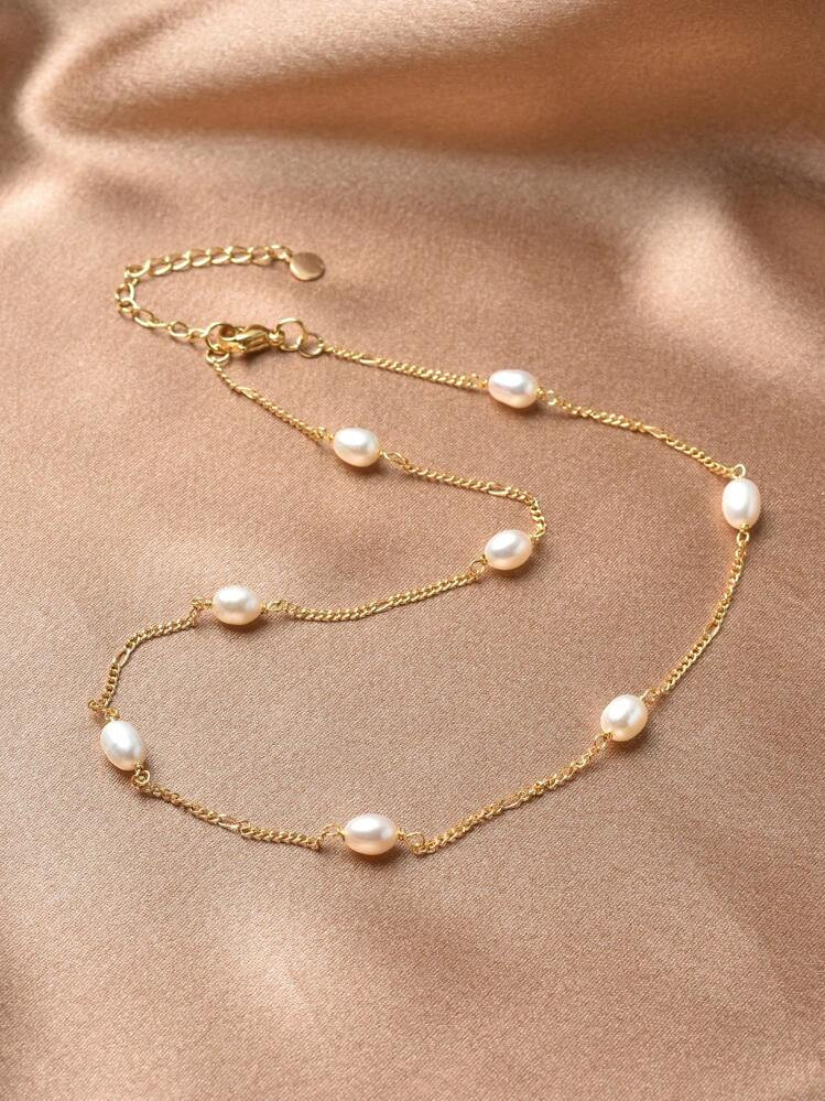1 pieza Collar de perlas naturales con estilo casual chapado en oro de 18K para mujeres | SHEIN