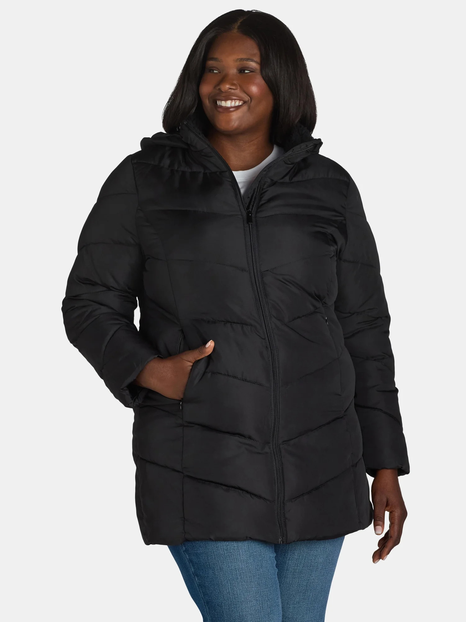 Big Chill Women's and Women's Plus Chevron Quilted Puffer Jacket with Hood, Sizes S-3X | Walmart (US)