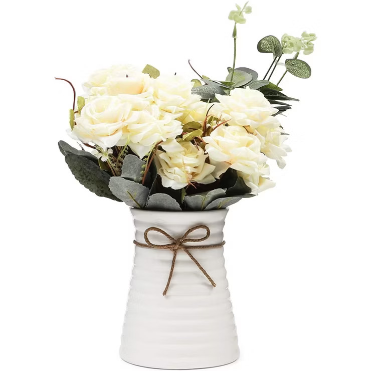 Farmlyn Creek 4 Piece Artificial White Roses, Fake Faux Flowers Plants with Ceramic Vase for Indo... | Target