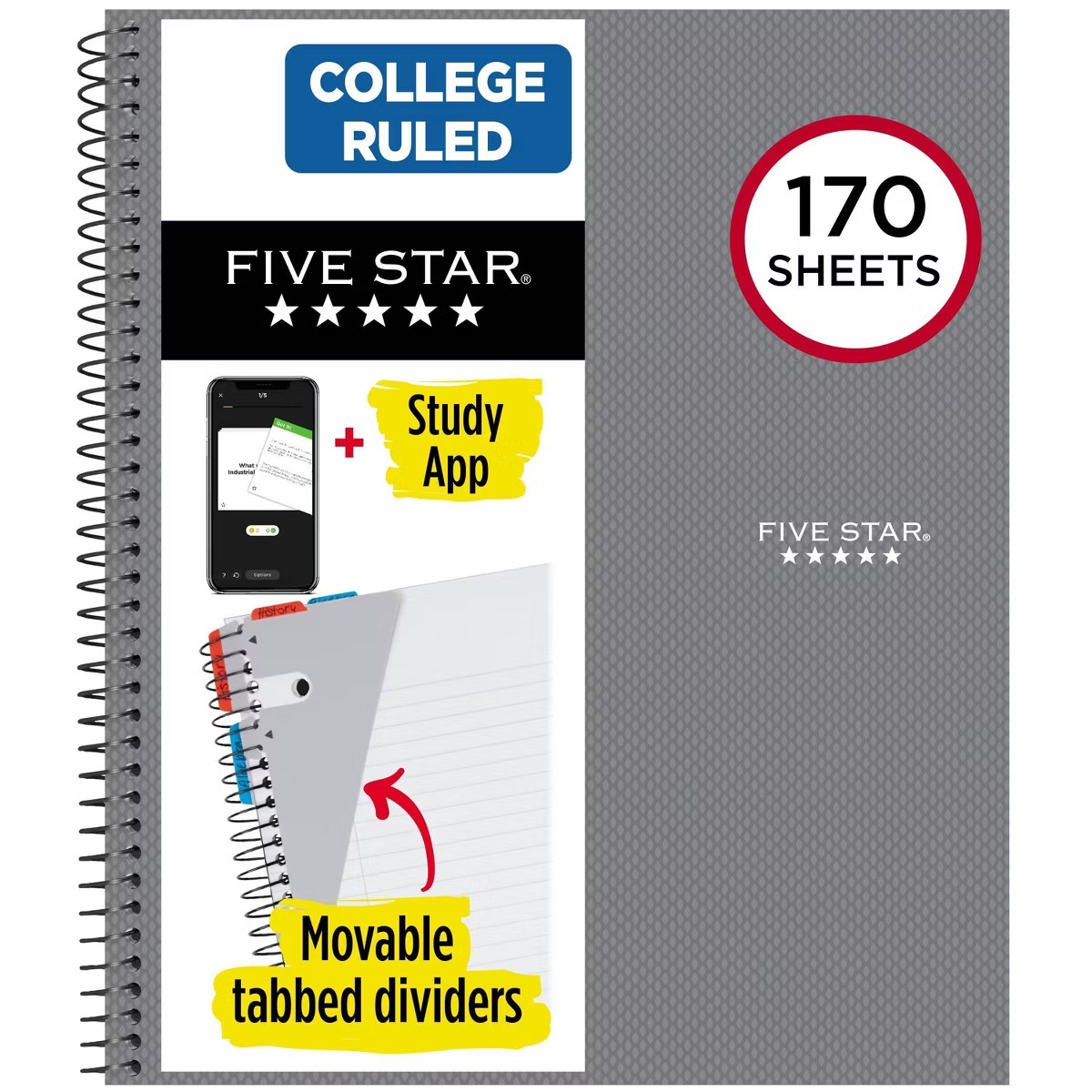 Five Star 170 Sheets College Ruled Notebook Feature Rich Gray: 3 Subject Spiral, 8.5x11", Bleed-R... | Target