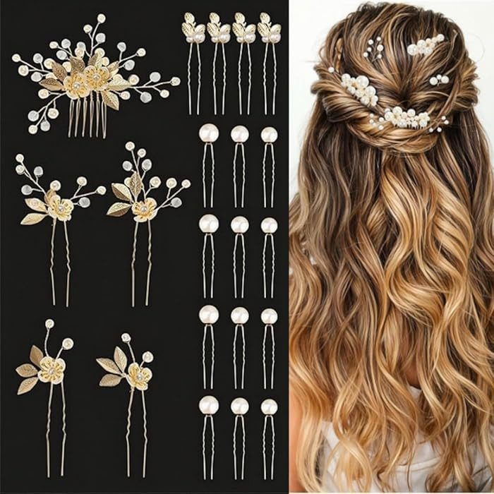 21 Pcs Pearl Hair Accessories, Gold Bridal Hair Accessories, Wedding U-shaped Hair Pins Crystal P... | Amazon (CA)
