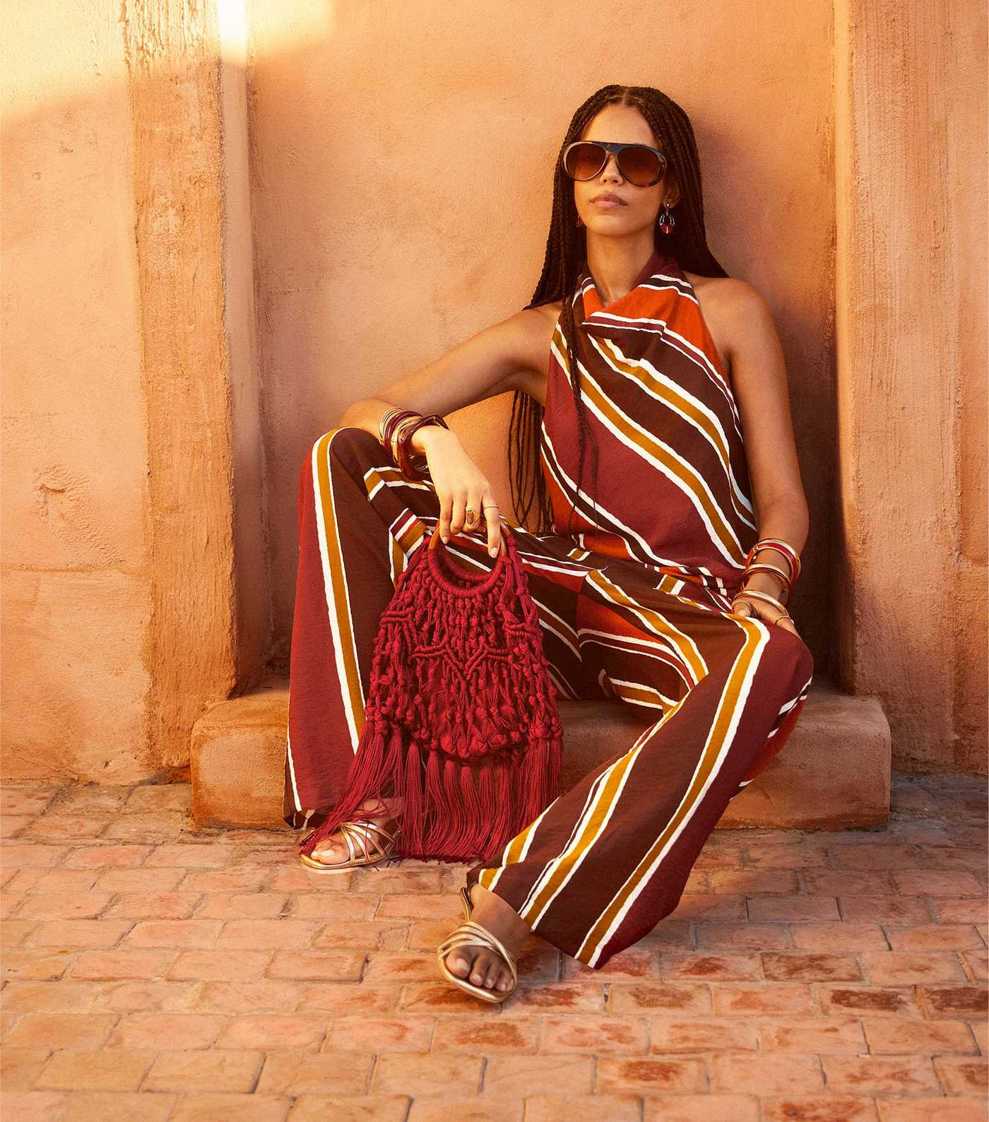 Brown Diagonal Stripe Cowl Neck Asymmetric Top | New Look | New Look (UK)