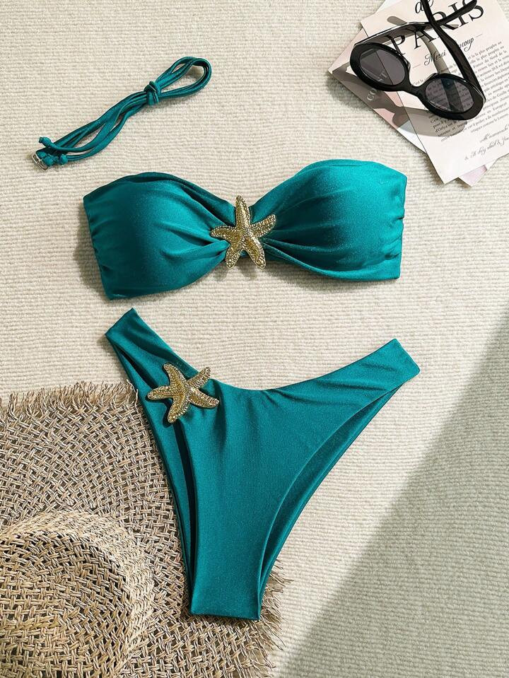 Swim Chiccia 2pcs Spring Break Solid Color Shiny Fabric Swimwear Top With Metal Starfish Decor And V-Cut Bikini Bottom | SHEIN