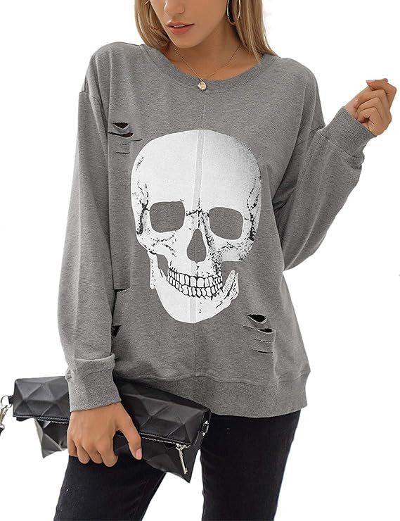 Blooming Jelly Women's Crewneck Sweatshirt Skull Graphic T Shirts Long Sleeve Top Pullover Oversi... | Amazon (US)