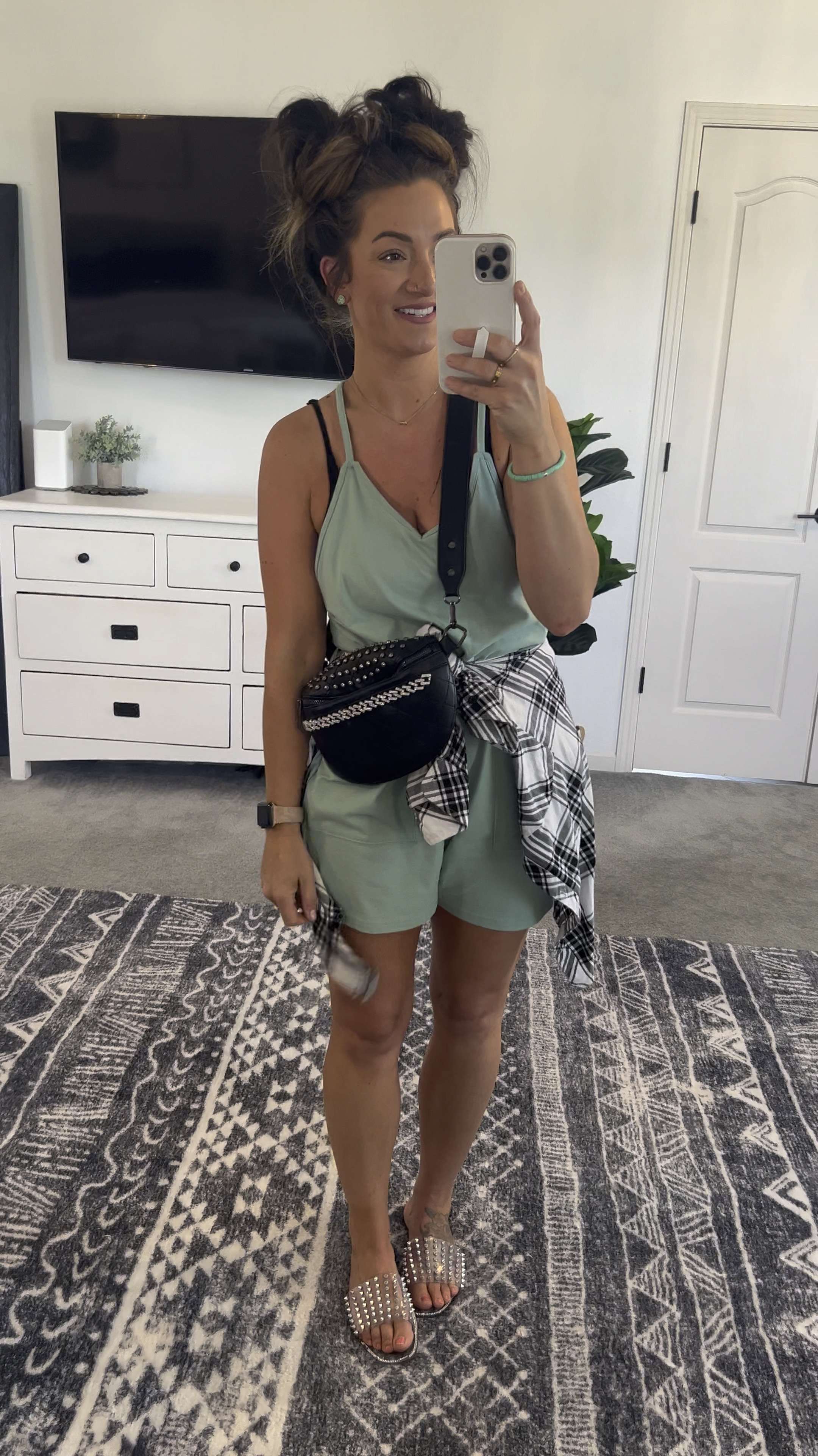 Ootd featuring this one piece shorts jumpsuit and it’s currently on lightning deal! Runs a little oversized, I’m in my true size small. Love this for a pre fall outfit with the plaid tied around my waist! 

#LTKsalealert #LTKSeasonal #LTKstyletip