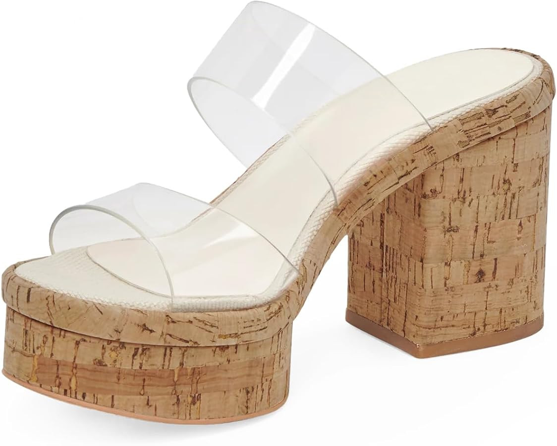 Clear Platform Sandals for Women Slip on Summer Wedge Block Chunky High Heeled Slides Transparent... | Amazon (US)
