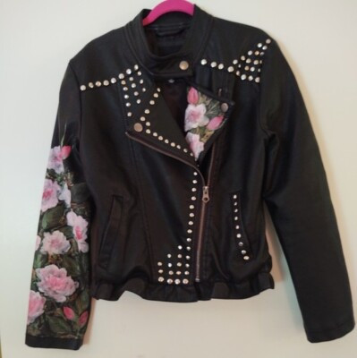 Girls Faux Leather Jacket Studded & Hand painted with flowers & dragonfly | eBay US