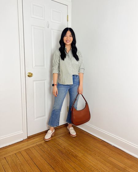 Green and white striped button up shirt (XSP)
High waisted kick crop jean (27P)
Brown bag
White loafers (TTS)
White chunky loafers
Smart casual outfit
Casual spring outfit
Outfit with jeans
LOFT outfit
Mom outfit
Weekend outfit

#LTKstyletip #LTKSeasonal #LTKworkwear