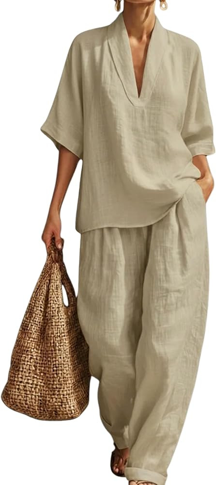 Tanming Two Piece Lounge Sets for Women Linen Set Vacation Beach Travel Outfits Casual Cruise Fas... | Amazon (US)