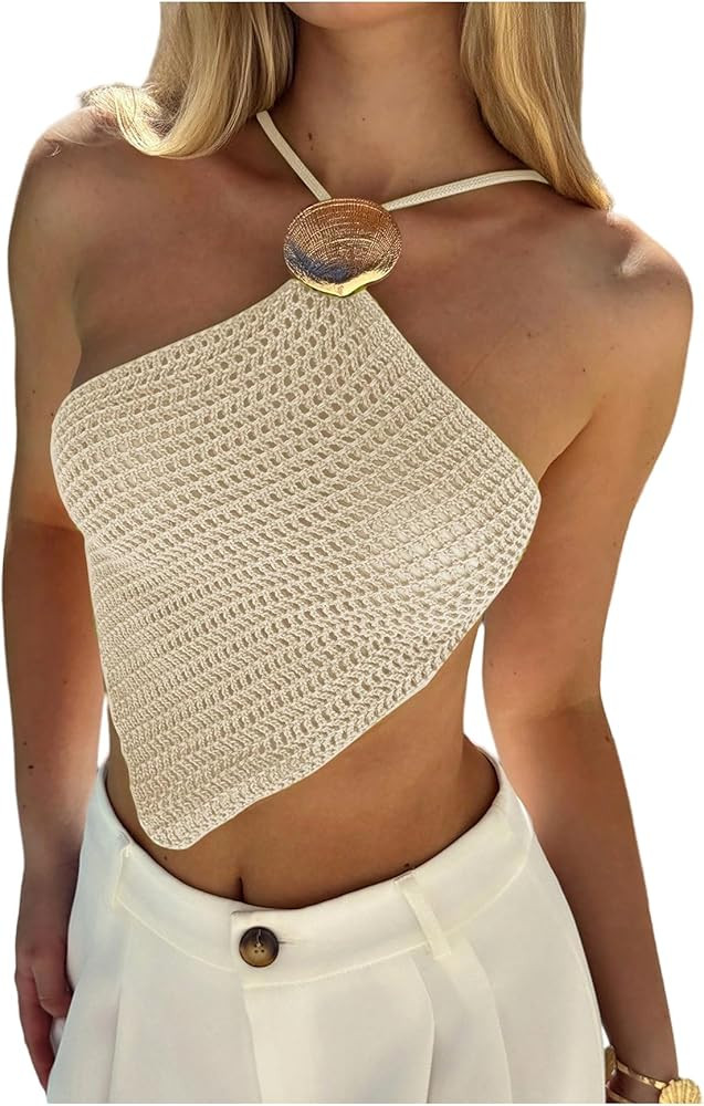 Verdusa Women's Shell Hollow Out Crochet Boho Tops Asymmetrical Backless Crop Halter Tops | Amazon (US)