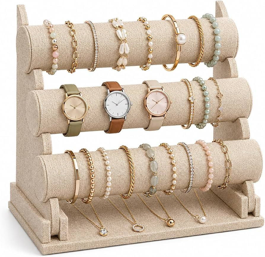 ChezMax 3 Tier Detachable Jewelry Holder for Bracelet Necklace Watch - Linen | Amazon (US)