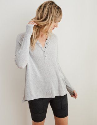 Aerie Ribbed Oversized Henley Long Sleeve T-Shirt | American Eagle Outfitters (US & CA)