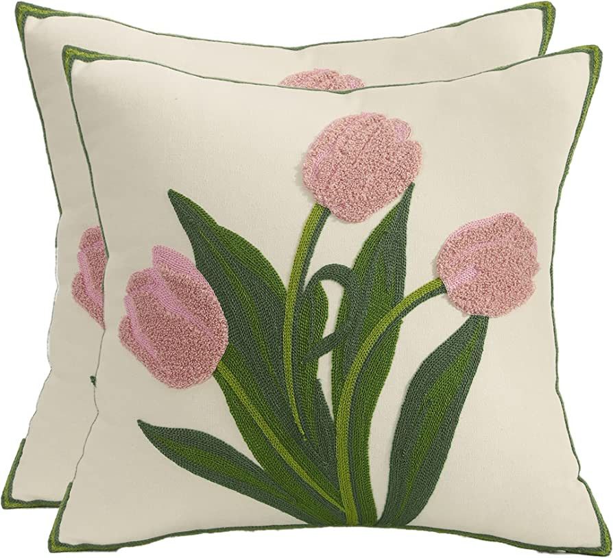 Tosleo Embroidered Throw Pillow Covers 18x18 Set of 2,Flowers Pillow Cushion Cases,Farmhouse Deco... | Amazon (US)