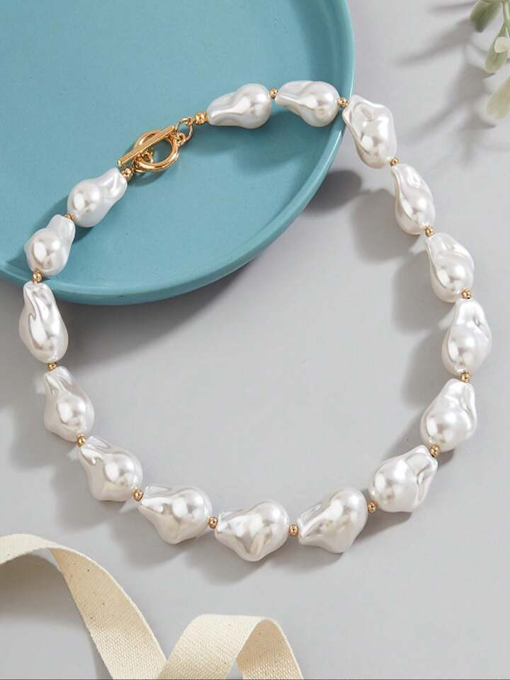 Vintage Baroque Faux Pearl Necklace, Asymmetrical Shape, Fashionable And Versatile, European And American Minimalist Design For Collarbone | SHEIN