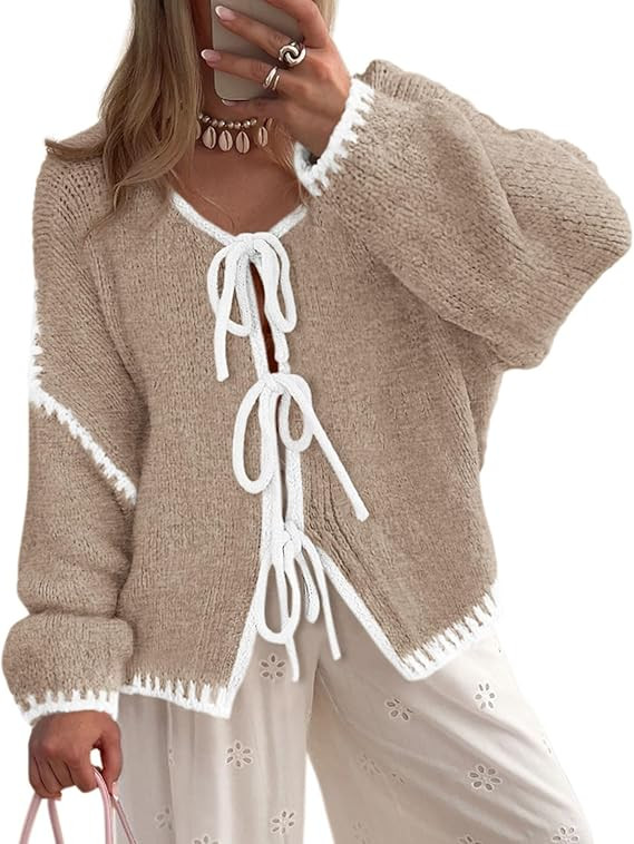 PRETTYGARDEN Women's Tie Front Bow Cardigan Sweaters Chunky Knit Long Puff Sleeve Trendy Fall Win... | Amazon (US)