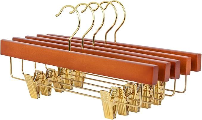 HUMIA Cherry Wooden Pants Hangers 28 Pack, Solid Wood Skirt Bottom Hangers with 2 Adjustable Clip... | Amazon (US)