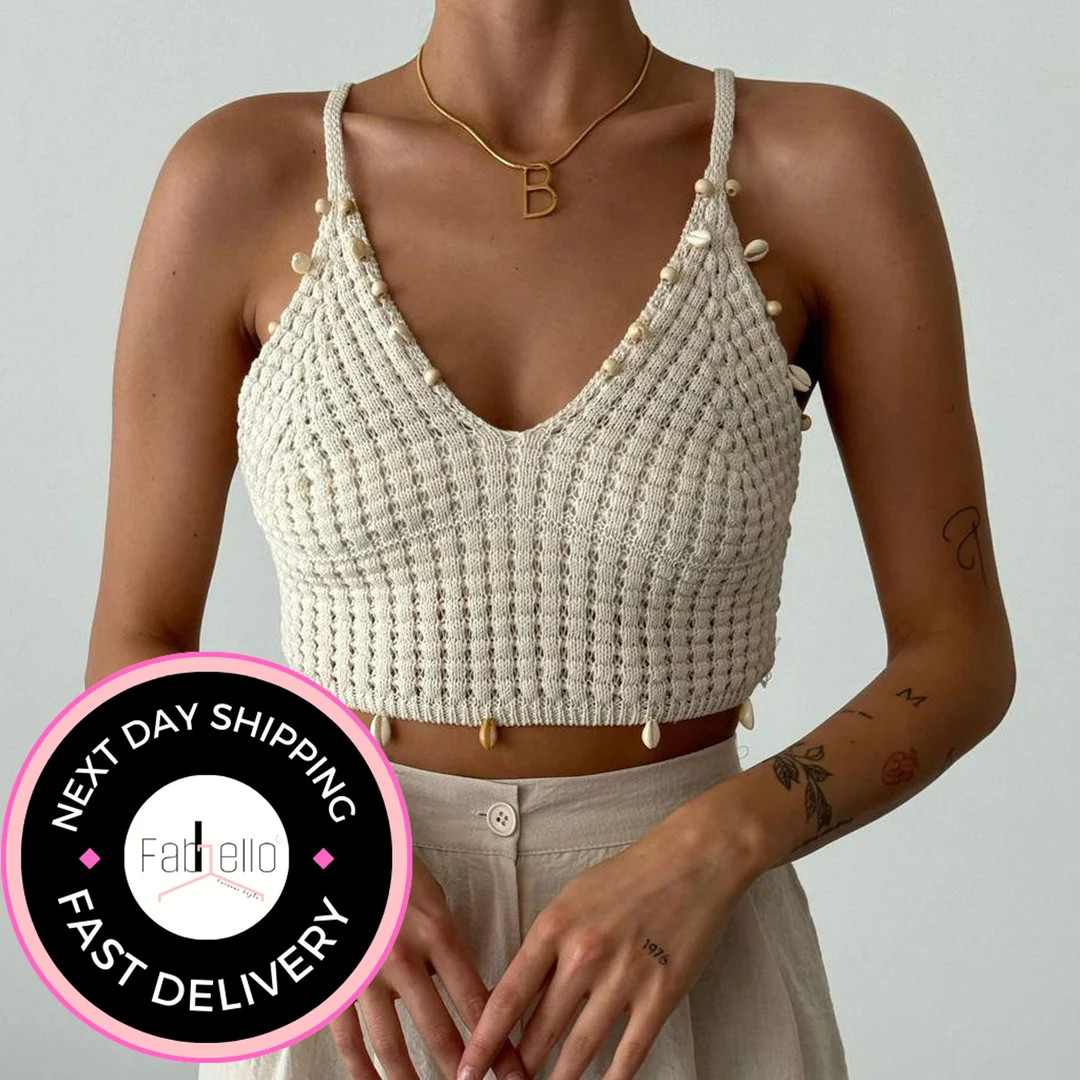Stylish Crochet Lycra Crop Top With Knitted Seashell Detail, Cream Colored Bustier With Knitted E... | Etsy (US)