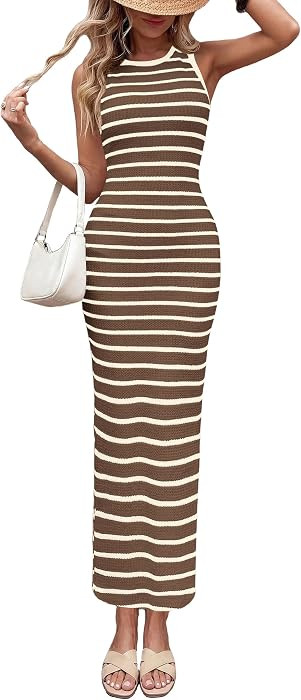 PRETTYGARDEN Women's Summer Striped Bodycon Maxi Dress     Ribbed Knit Tank Dress, Sleeveless Sun... | Amazon (US)