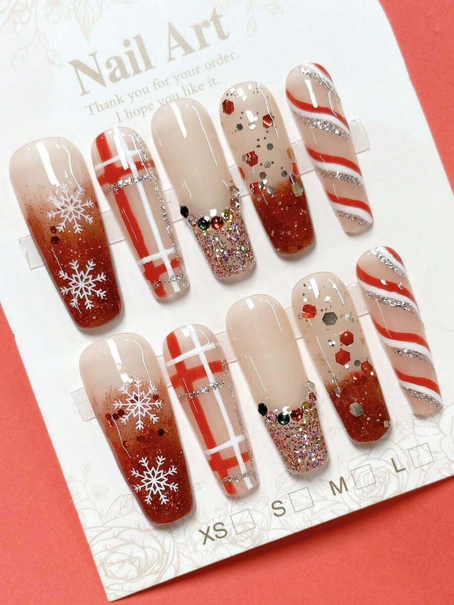 10pcs/Set Handmade Press On Nails Long Coffin-Shaped Nails,Christmas Nails, Snowflake Pattern, Th... | SHEIN