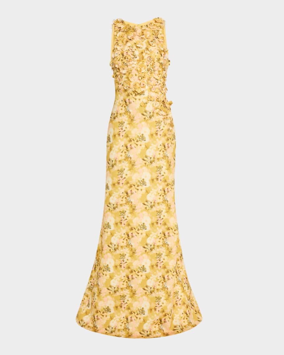 Badgley Mischka Collection Floral-Print Scuba Trumpet Gown | Neiman Marcus