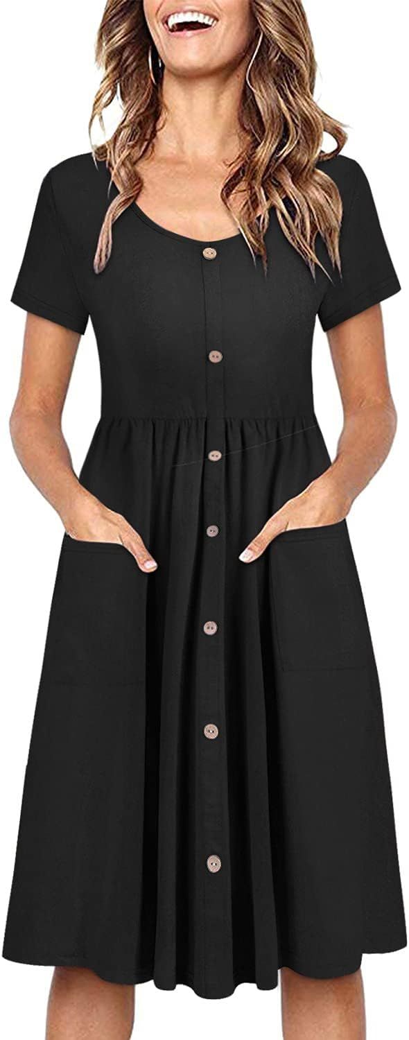 OUGES Women's V Neck Button Down Skater Dress with Pockets | Amazon (US)