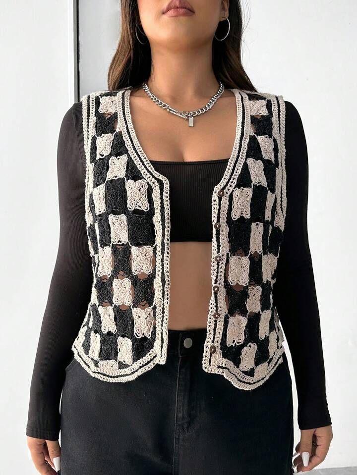 SHEIN EZwear Plus Checker Pattern Striped Trim Vest Cardigan | SHEIN