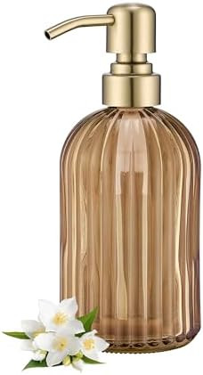 16 OZ Amber Glass Soap Dispenser, Amber Stripe Bathroom Hand Soap Dispensers with Stainless Steel... | Amazon (US)