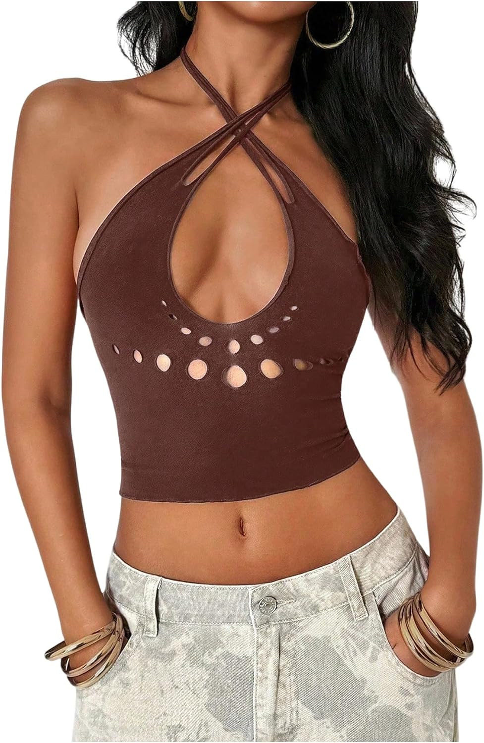 WDIRARA Women's Cut Out Criss Cross Halter Tops Crop Top Clubwear | Amazon (US)