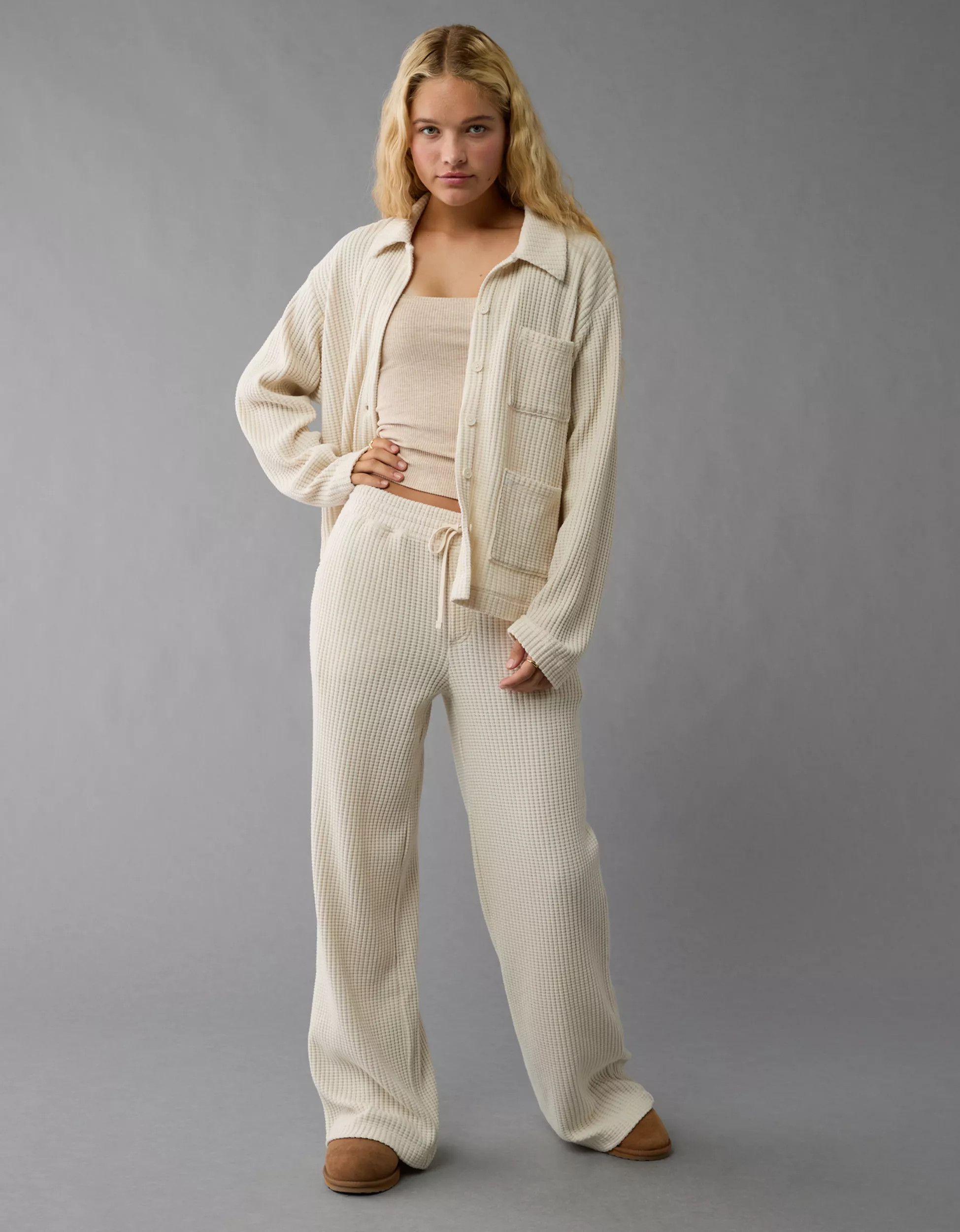 AE Fleece Waffle Button-Up Sweatshirt | American Eagle Outfitters (US & CA)