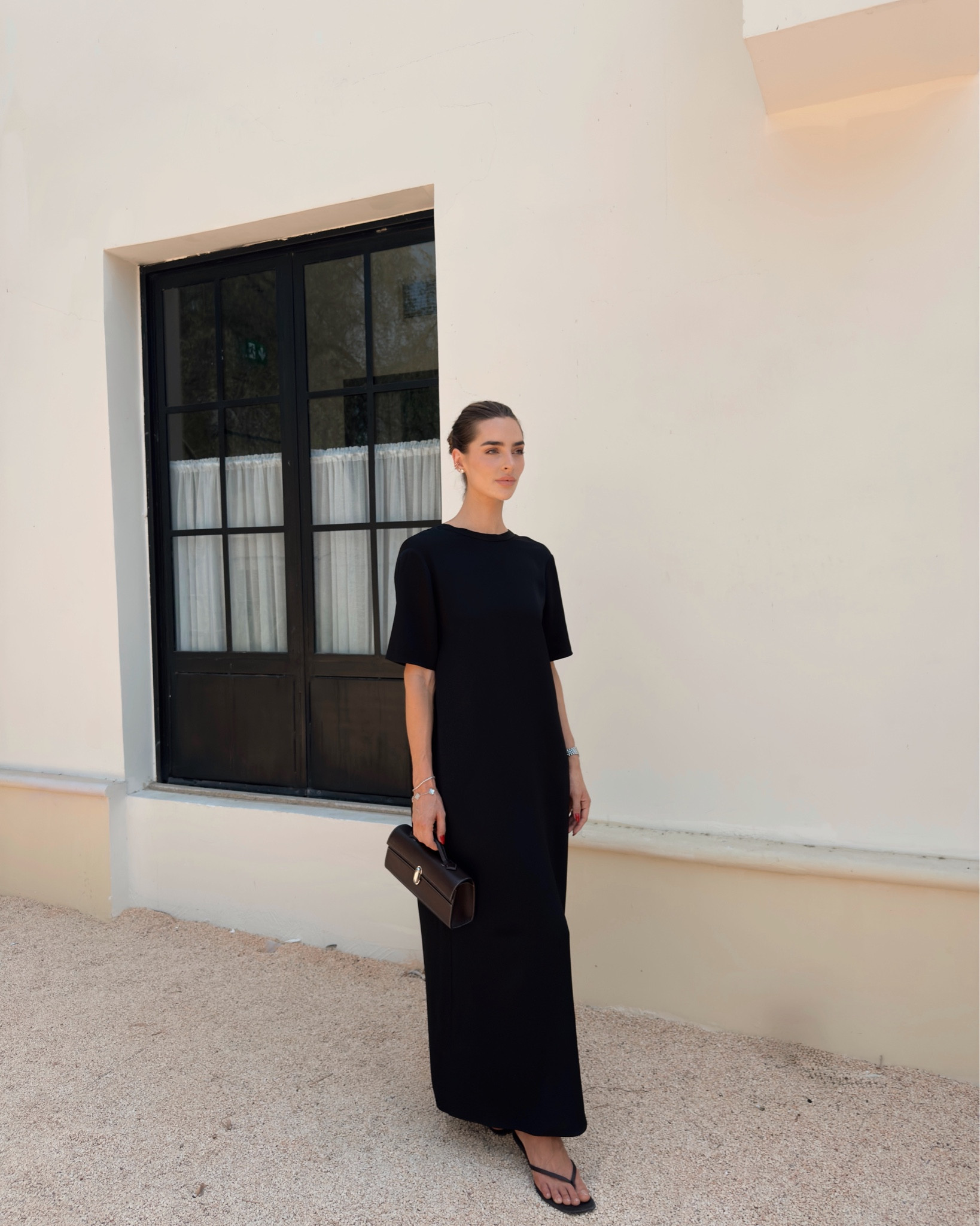 Savette New York, slim pochette top handle bag, heels sandals, flip flop heels, brown heels, transitional, classic outfit tooth