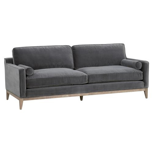 Stephanie Rustic Lodge Dark Grey Upholstered Oak Wood Base Sofa - 86.25"W | Kathy Kuo Home