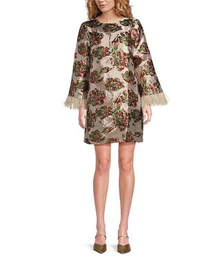 J.Marie Regina Floral Brocade Metallic Feather Sleeve Mini A-Line Dress | Dillard's | Dillard's