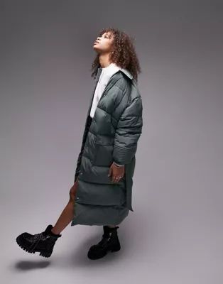Topshop Tall longline puffer jacket in forest green | ASOS (Global)