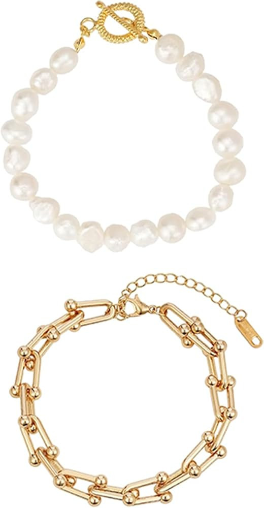 Sylph Natural Freshwater Pearl Bracelet and Gold Paperclip Bracelet | Amazon (US)