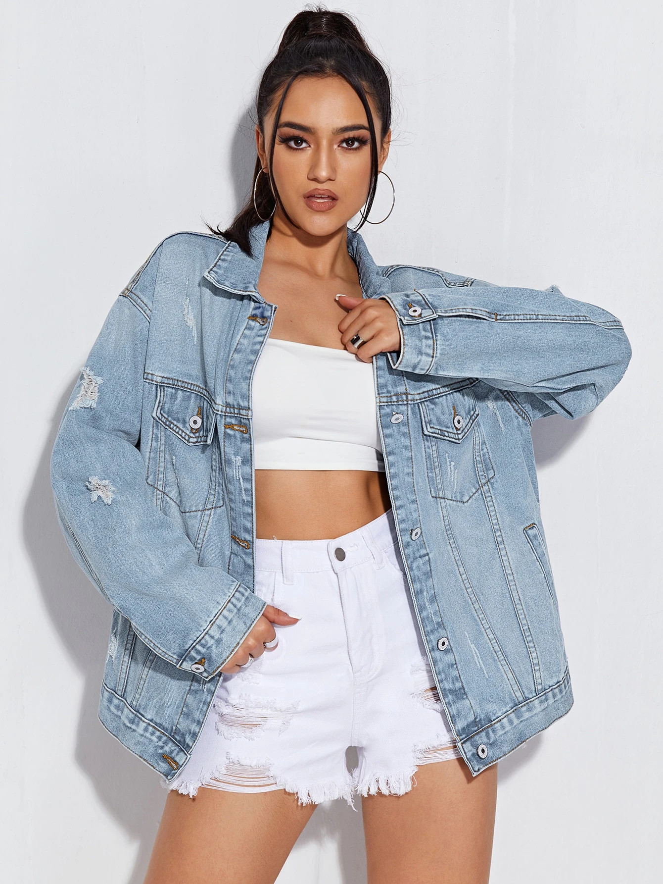 Ripped Flap Pocket Denim Jacket | SHEIN